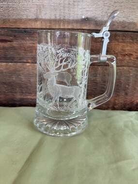 Domex German Etched Glass Beer Stein: Stag Deer Forest Scene (missing lid)